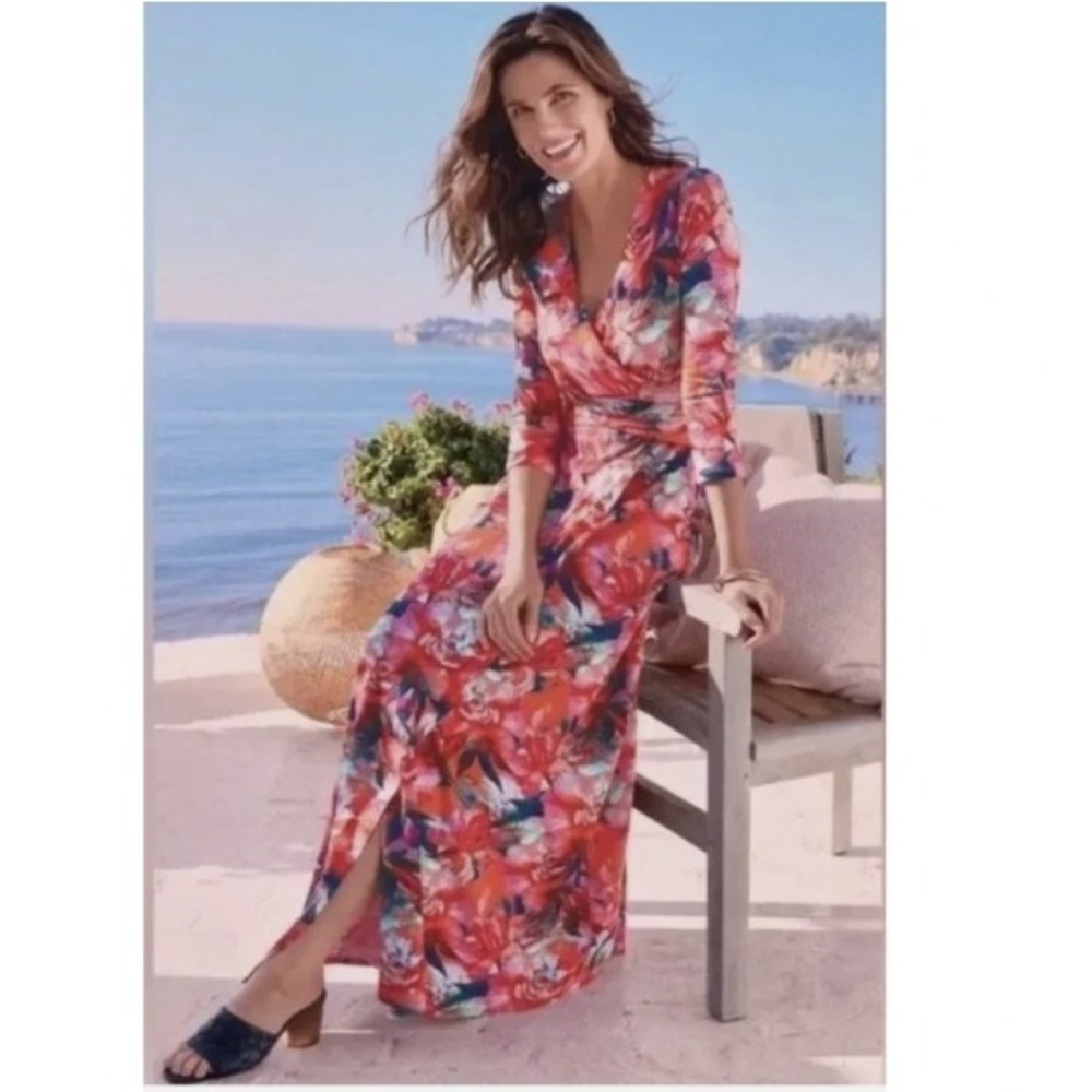 Soft Surrounding Le Jardin Wrap Dress Large Crimson Flora Maxi 3/4 Sleeve NEW